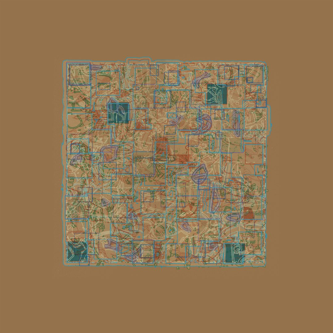 A square of colored squares on brown background