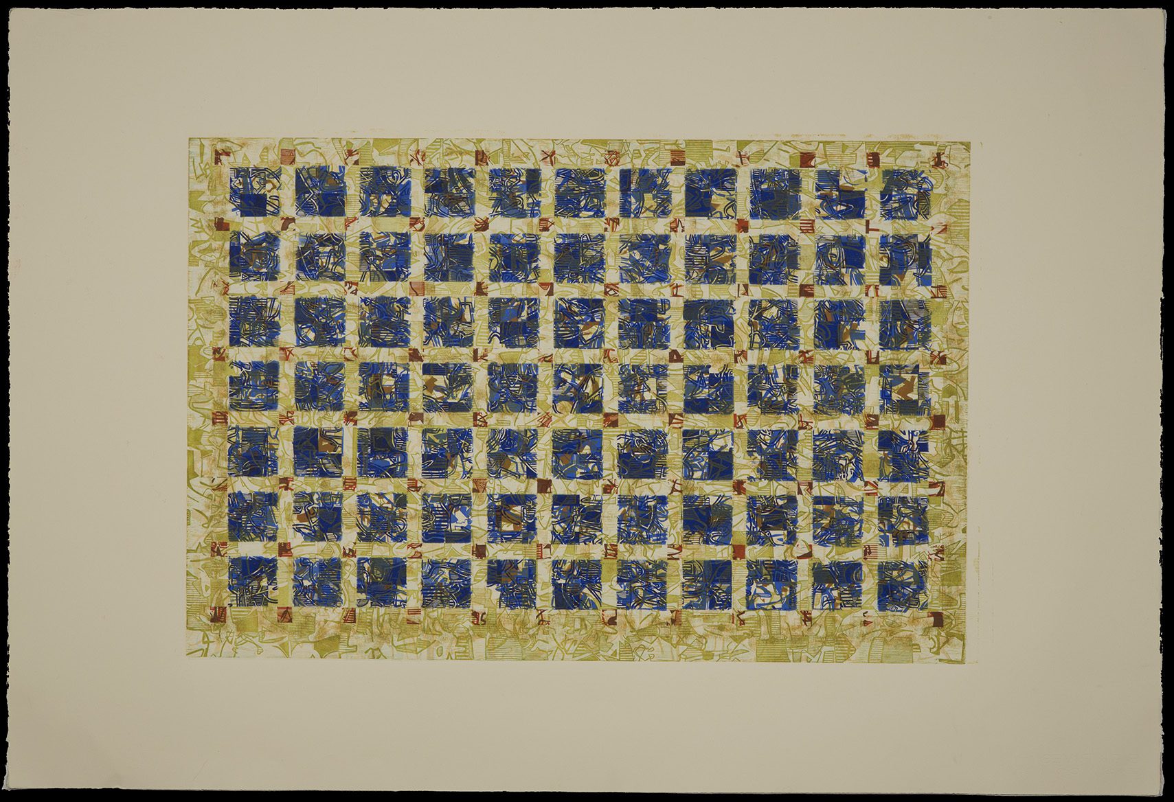 A painting of a blue and yellow checkered pattern.