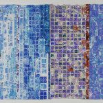A painting of blue tiles and white squares