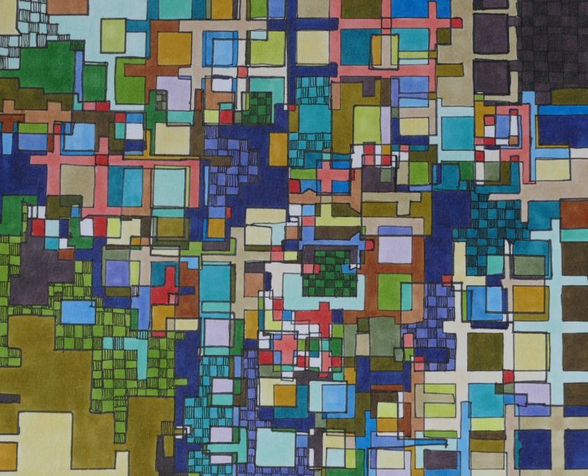A painting of many different colored squares and buildings.