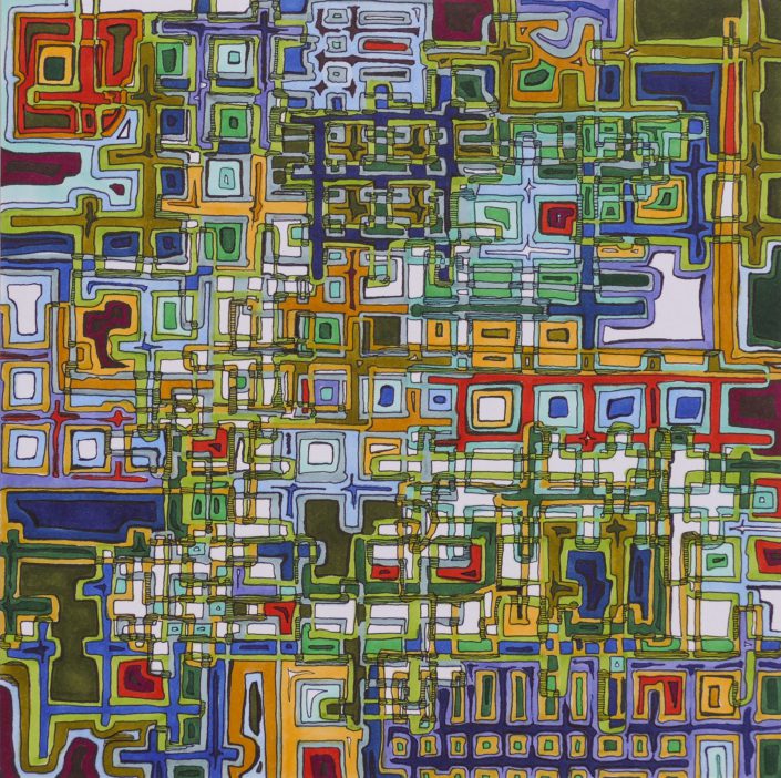 A colorful painting of many different squares and rectangles.