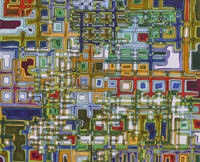 A colorful painting of many different squares and rectangles.