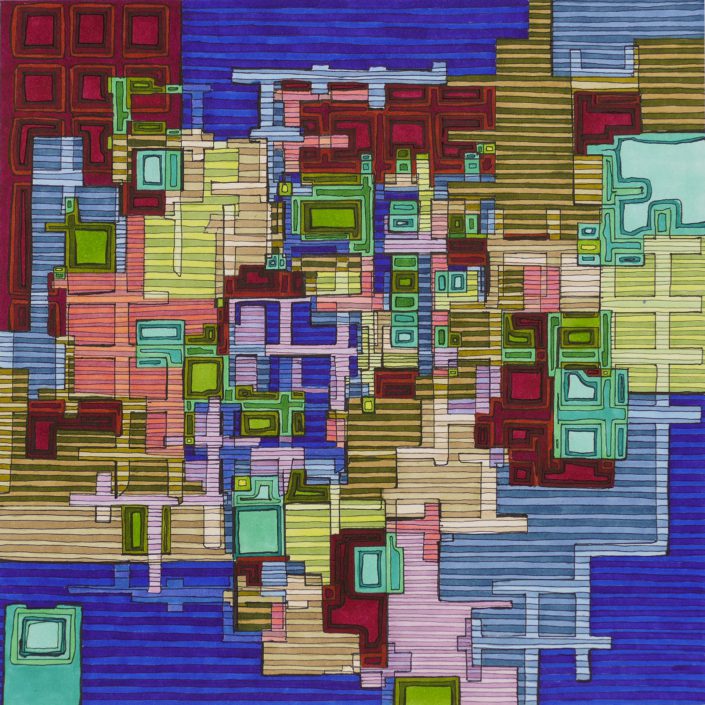 A colorful abstract painting of buildings and water.
