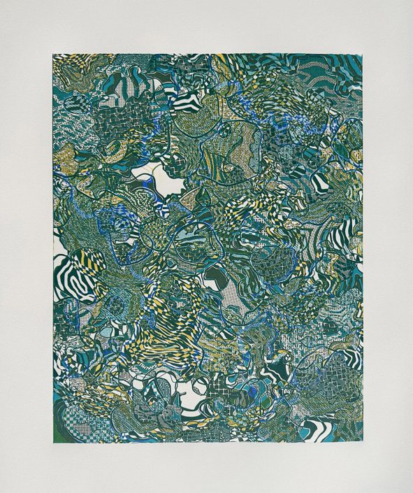 A green and white painting of trees